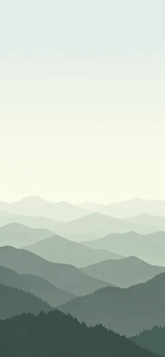 淡い空の下、灰緑色の霧に沈む山の稜線が何層か重なった、描かれた風景の壁紙